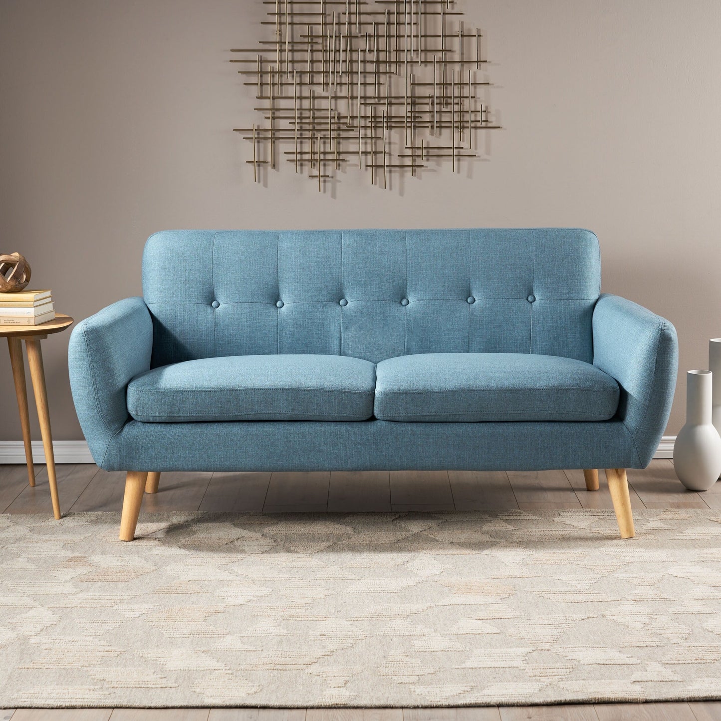 Roomfitters Charming Compact Loveseat with Button Tufted Back and Waffle Stitching for Small Spaces, Upholstered in Soft Fabric