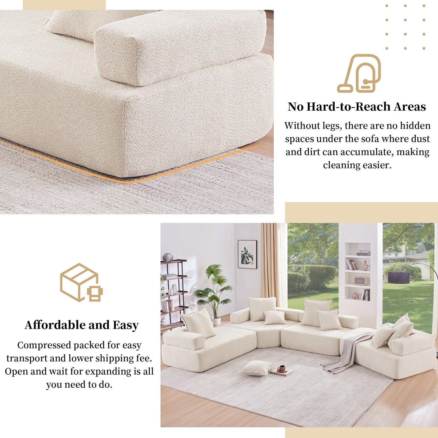 Roomfitters Corner Frame for Modular U Shaped Sofa, Boucle Upholstered Foam-Filled Floor Couch, Beige