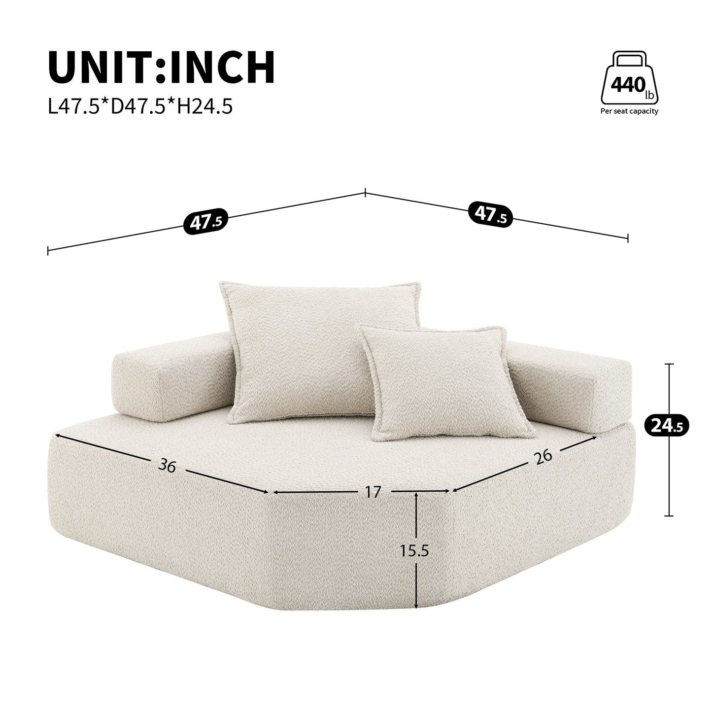 Roomfitters Corner Frame for Modular U Shaped Sofa, Boucle Upholstered Foam-Filled Floor Couch, Beige