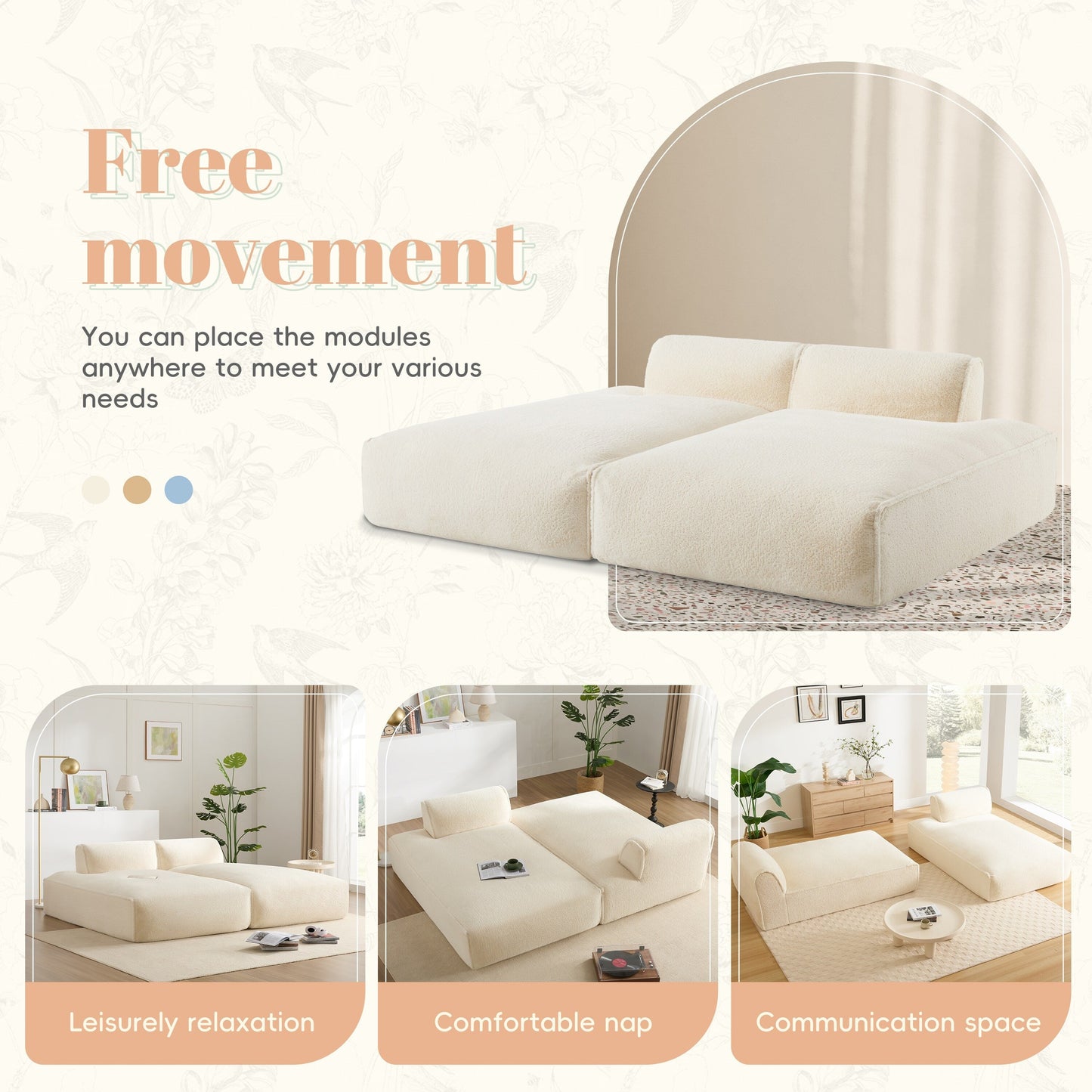 Roomfitters Foam-Filled Modular Sofa Bed with 2-Piece Free Layout, Compressed and No Assembly Floor Couch