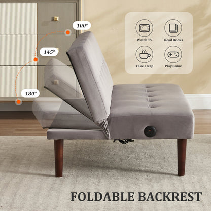 Roomfitters Foldable Flannel Sofa Bed, Adjustable Recliner Futon with Charging Port for Living Room, Bedroom or Office