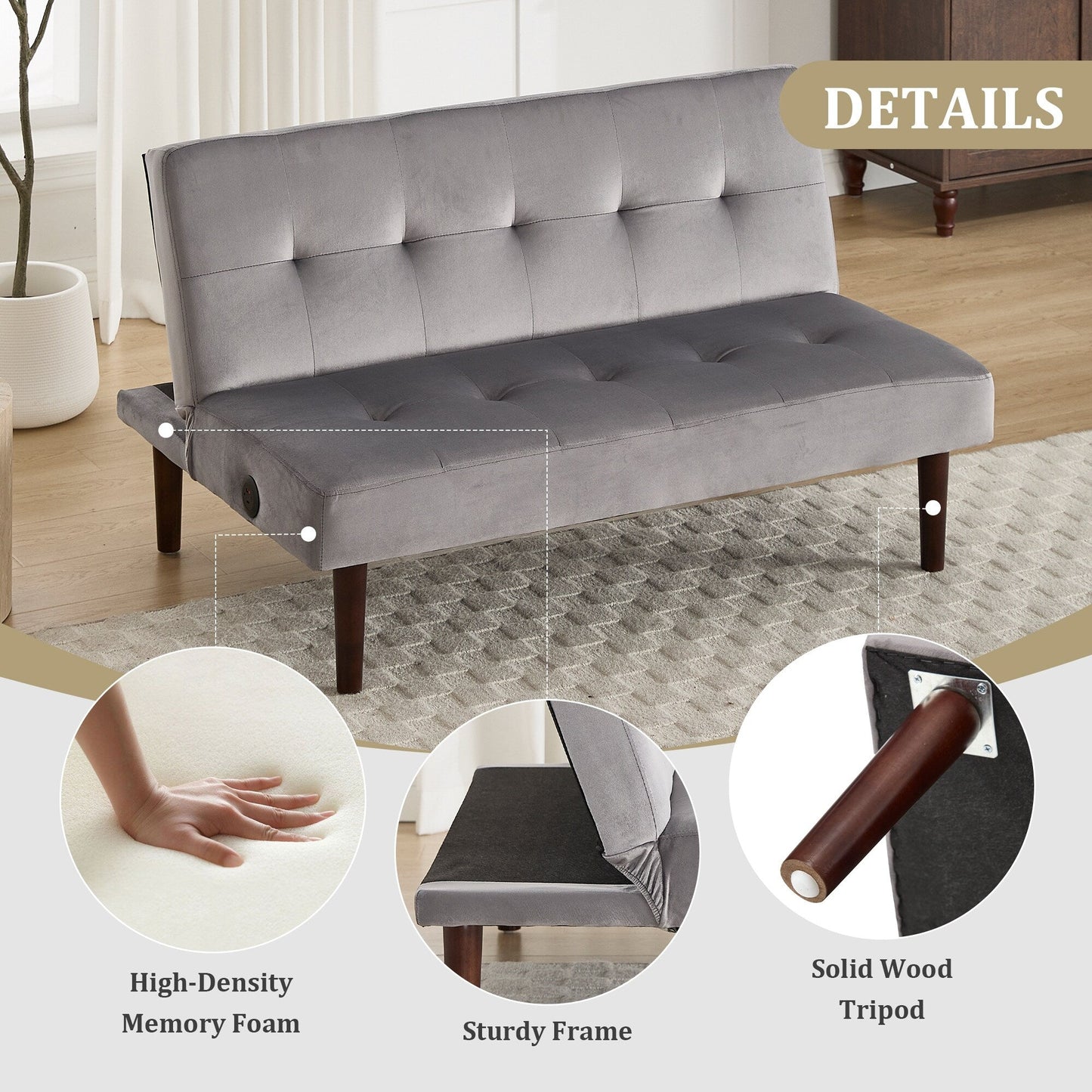Roomfitters Foldable Flannel Sofa Bed, Adjustable Recliner Futon with Charging Port for Living Room, Bedroom or Office