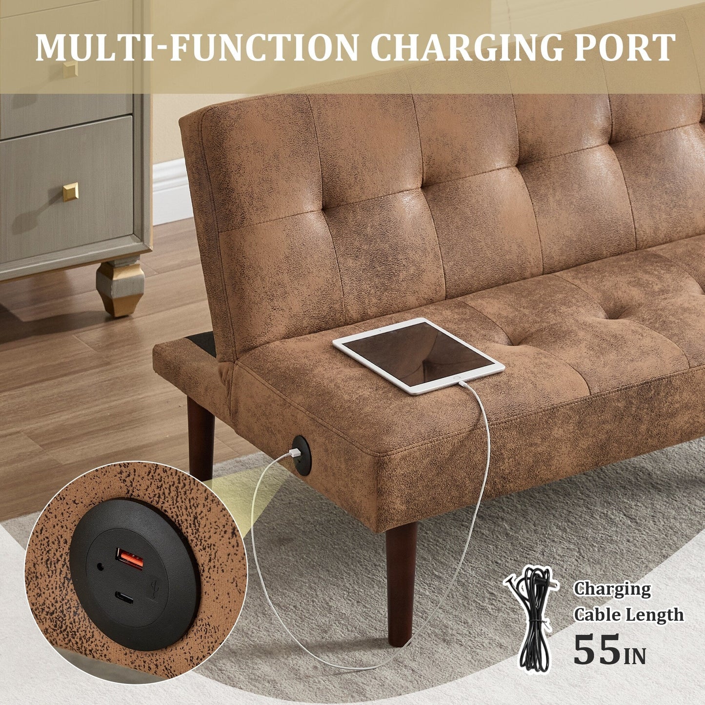 Roomfitters Foldable Flannel Sofa Bed, Adjustable Recliner Futon with Charging Port for Living Room, Bedroom or Office