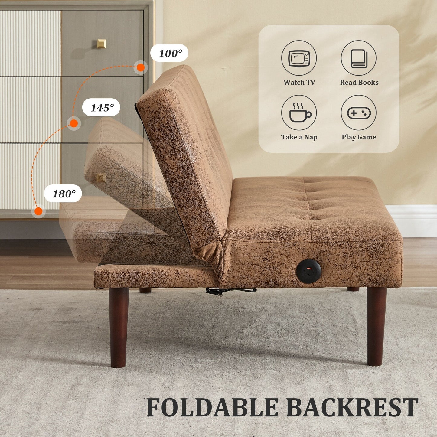 Roomfitters Foldable Flannel Sofa Bed, Adjustable Recliner Futon with Charging Port for Living Room, Bedroom or Office