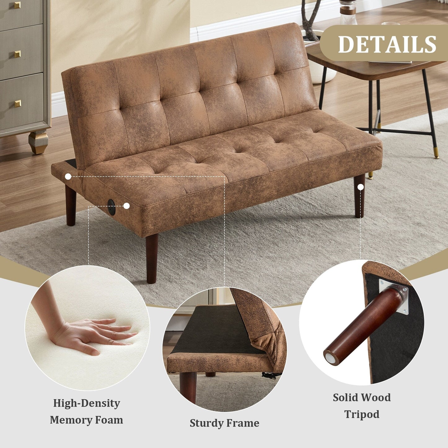 Roomfitters Foldable Flannel Sofa Bed, Adjustable Recliner Futon with Charging Port for Living Room, Bedroom or Office