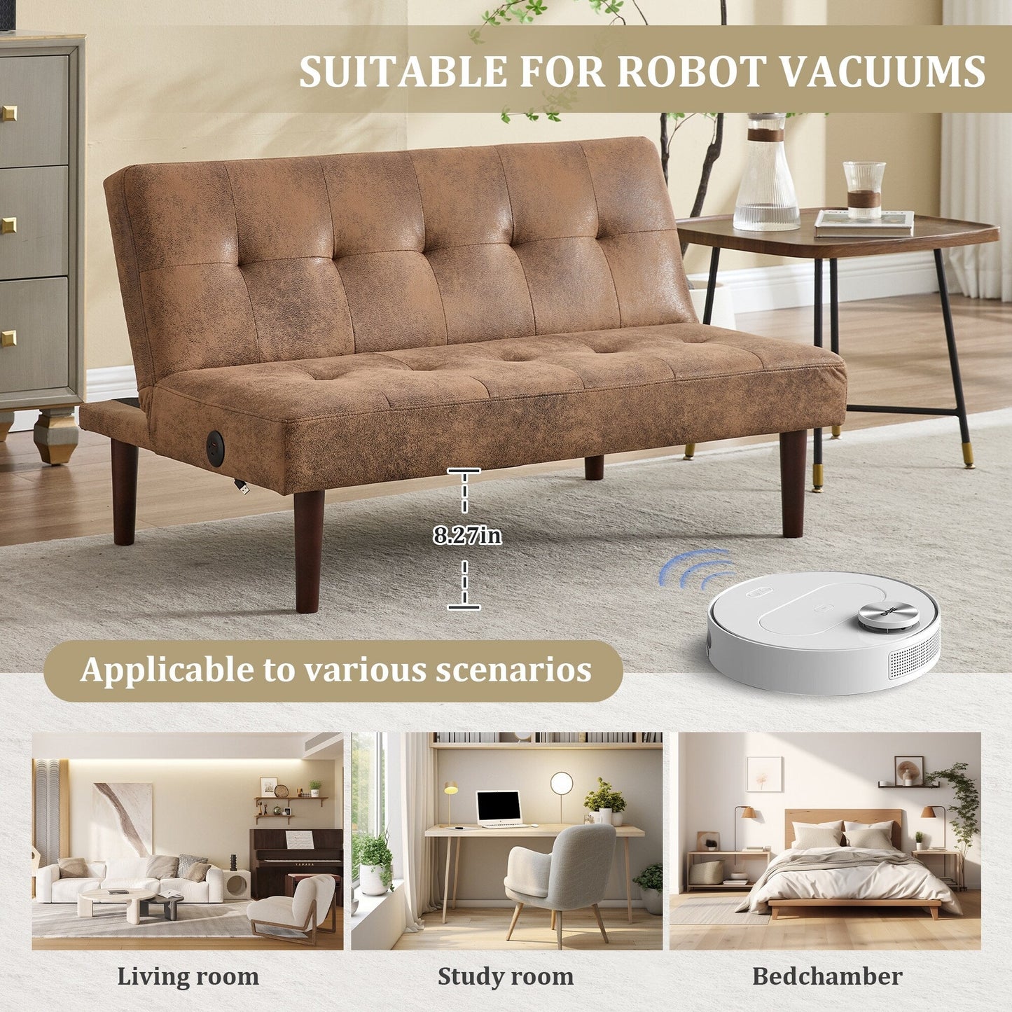 Roomfitters Foldable Flannel Sofa Bed, Adjustable Recliner Futon with Charging Port for Living Room, Bedroom or Office