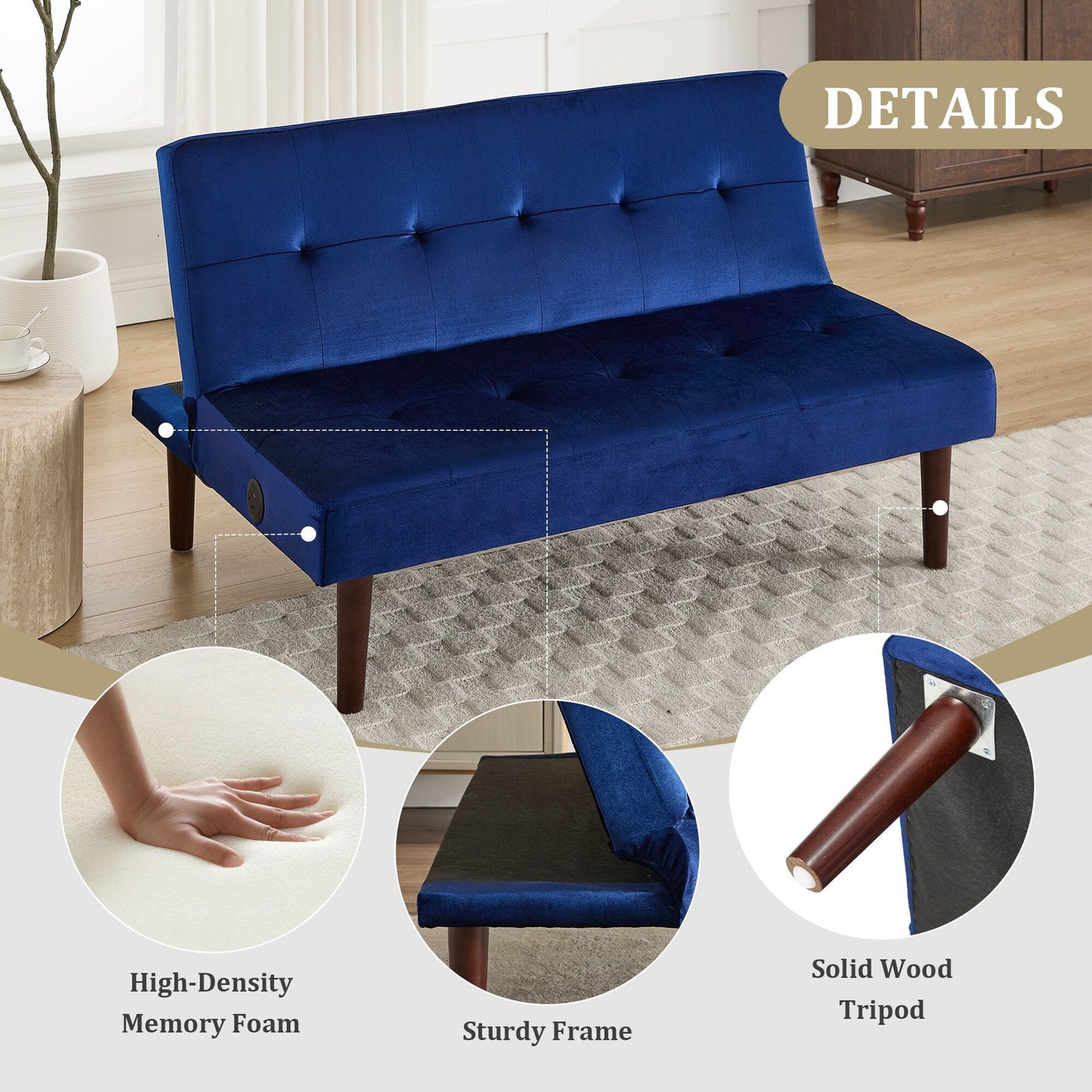 Roomfitters Foldable Flannel Sofa Bed, Adjustable Recliner Futon with Charging Port for Living Room, Bedroom or Office