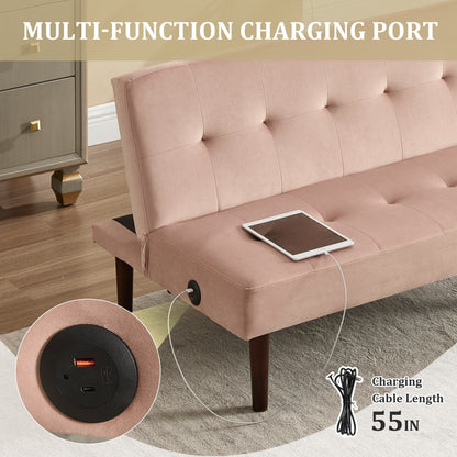 Roomfitters Foldable Flannel Sofa Bed, Adjustable Recliner Futon with Charging Port for Living Room, Bedroom or Office