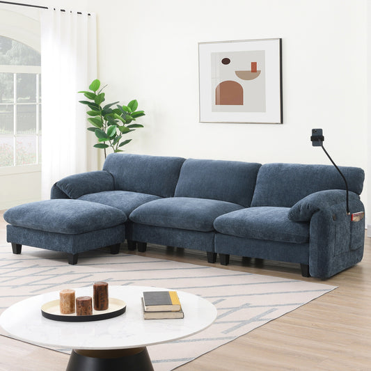 Roomfitters L-Shaped Striped Chenille Sofa with USB Type-C Charger, Phone Holder and Storage Pockets