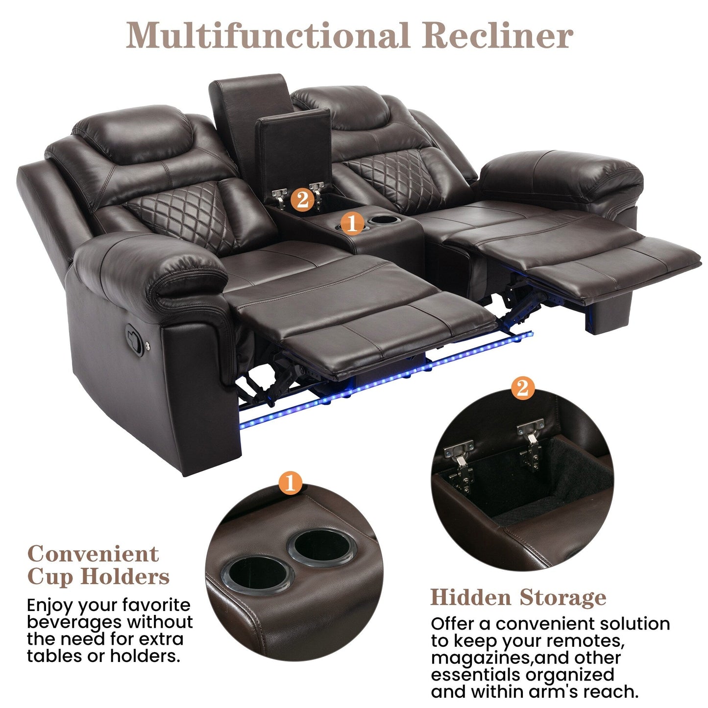 Roomfitters Manual Recliner Loveseat with Hideaway Storage, Dual Cup Holders, and Comfortable Design