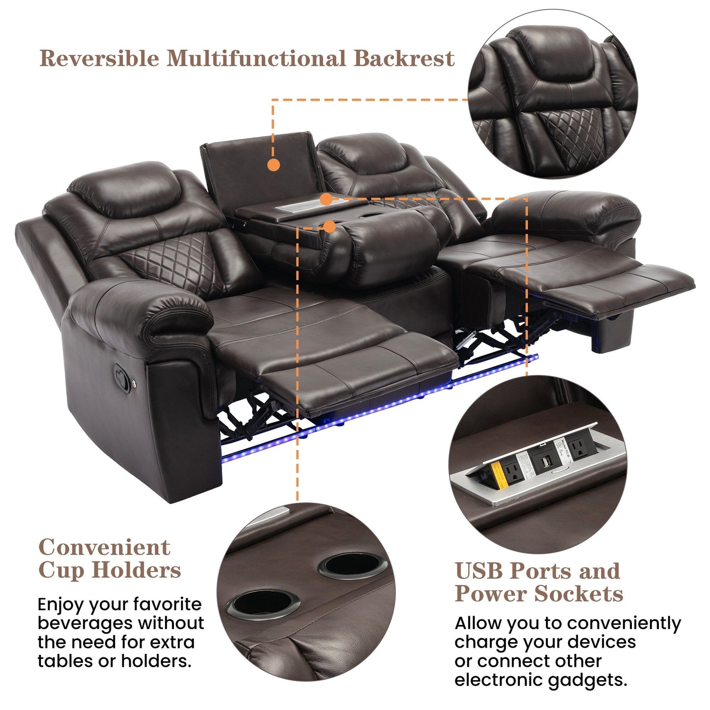 Roomfitters Manual Rocking Recliner Chair with Center Console, Perfect Home Theater Seating for Living Room