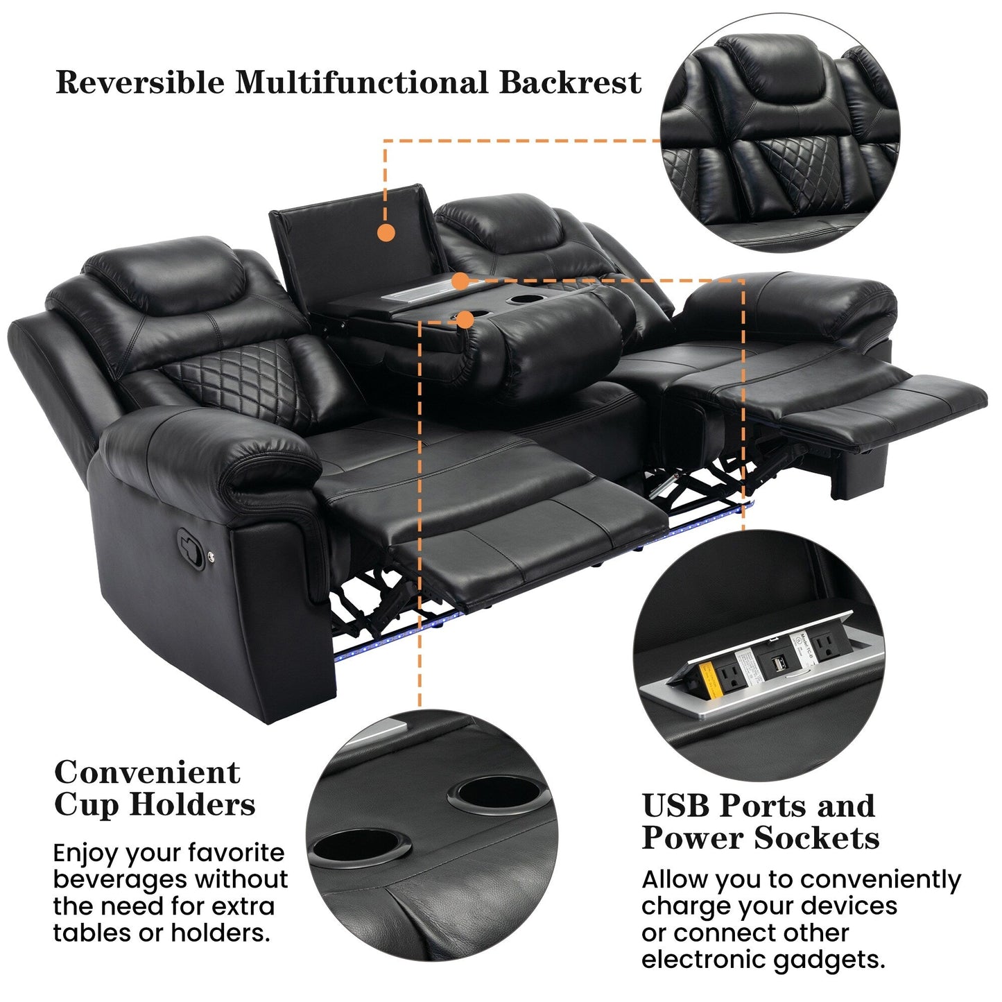 Roomfitters Manual Rocking Recliner Chair with Center Console, Perfect Home Theater Seating for Living Room