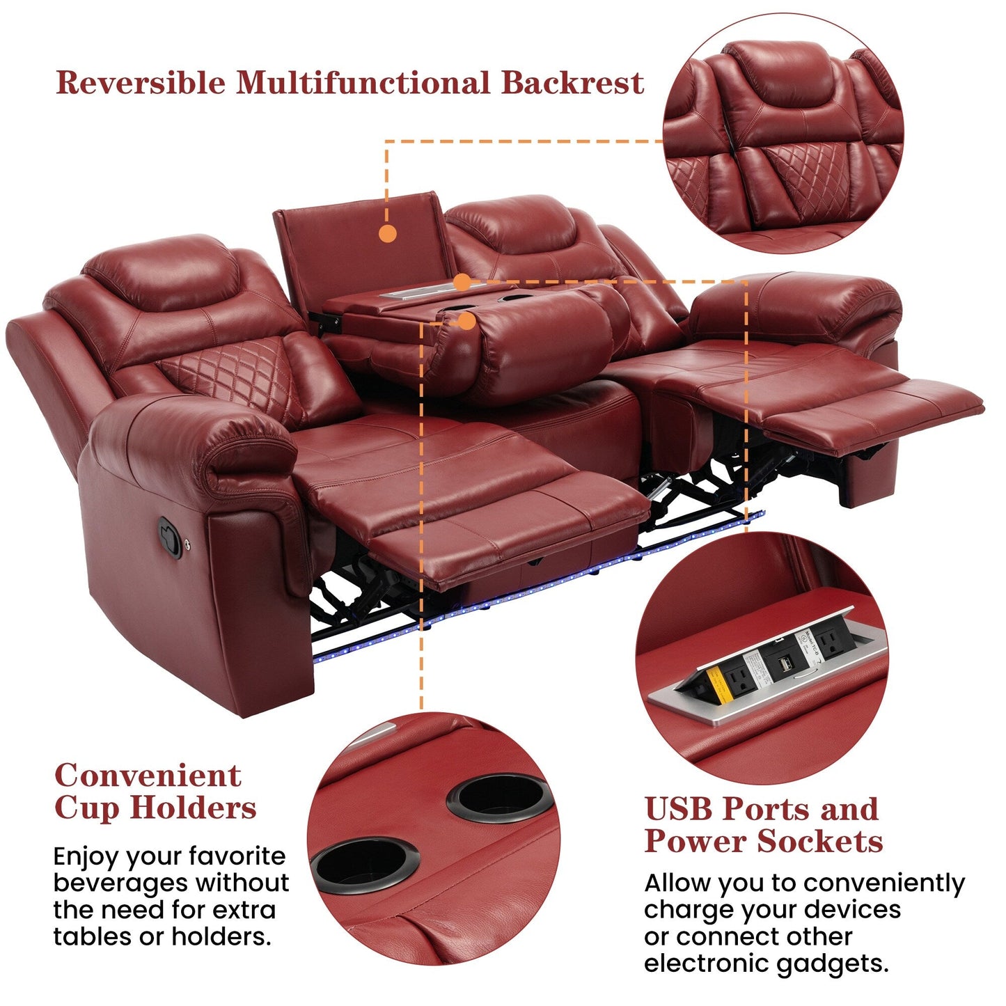Roomfitters Manual Rocking Recliner Chair with Center Console, Perfect Home Theater Seating for Living Room