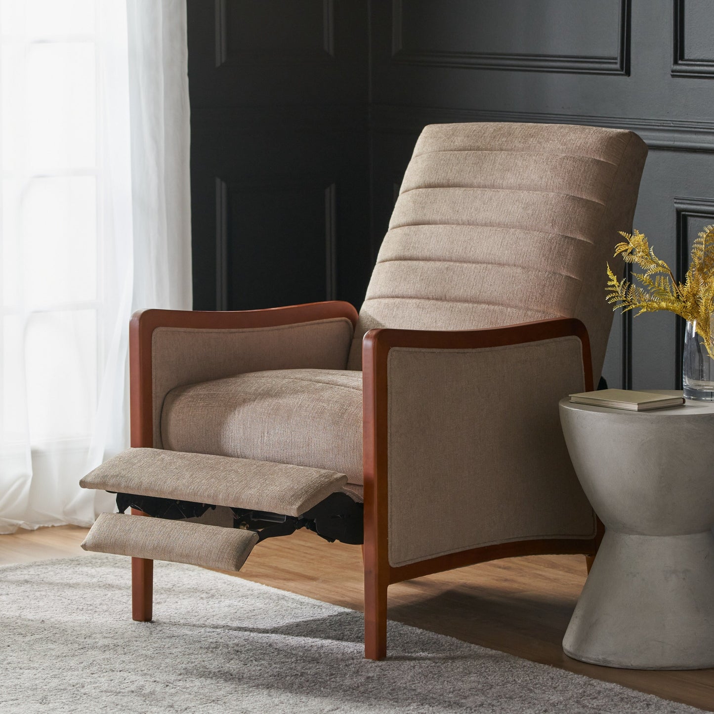 Roomfitters Mid Century Modern Fabric Channel Stitch Wood Pushback Recliner, Elegant Recliner for Living Room