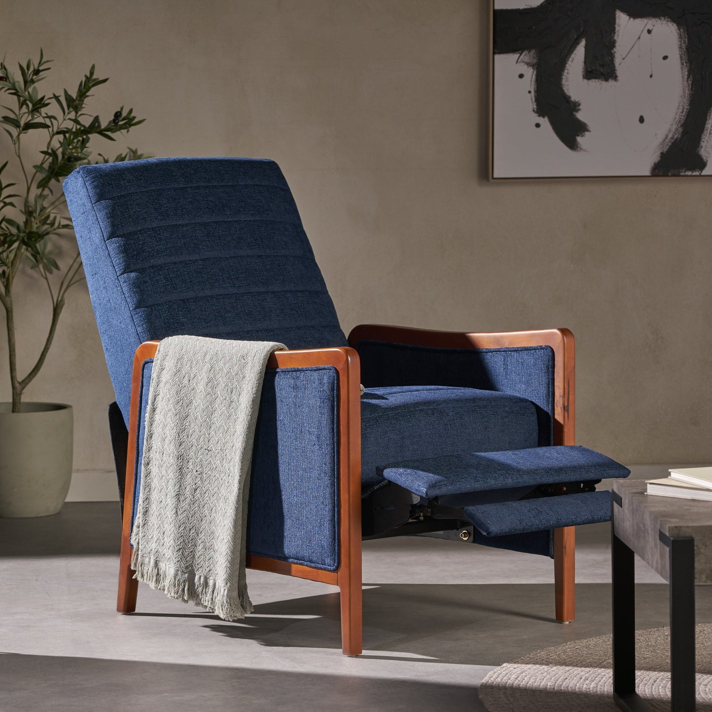 Roomfitters Mid Century Modern Fabric Channel Stitch Wood Pushback Recliner, Elegant Recliner for Living Room