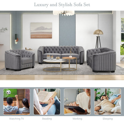 Roomfitters Modern 3-Piece Velvet Sofa Set with Rubber Wood Legs Includes Three-Seat Sofa Loveseat and Chair for Living Room