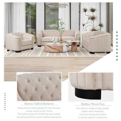 Roomfitters Modern 3-Piece Velvet Sofa Set with Rubber Wood Legs Includes Three-Seat Sofa Loveseat and Chair for Living Room