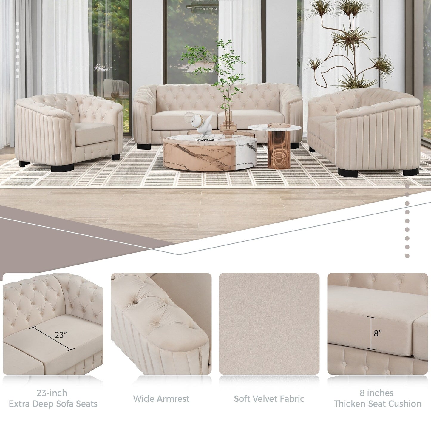 Roomfitters Modern 3-Piece Velvet Sofa Set with Rubber Wood Legs Includes Three-Seat Sofa Loveseat and Chair for Living Room