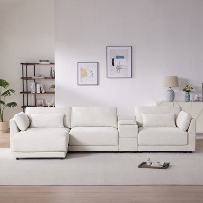 Roomfitters Modular Chenille Sofa with USB Console, Movable Ottoman and Wide 4-Seat Reversible L-Shaped Couch