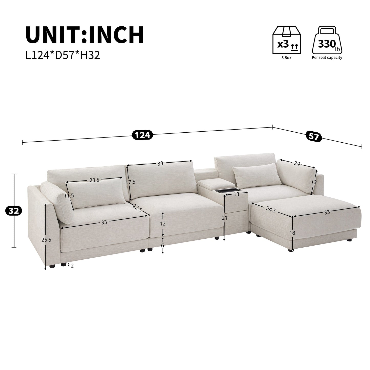 Roomfitters Modular Chenille Sofa with USB Console, Movable Ottoman and Wide 4-Seat Reversible L-Shaped Couch