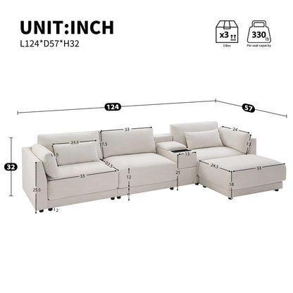 Roomfitters Modular Chenille Sofa with USB Console, Movable Ottoman and Wide 4-Seat Reversible L-Shaped Couch