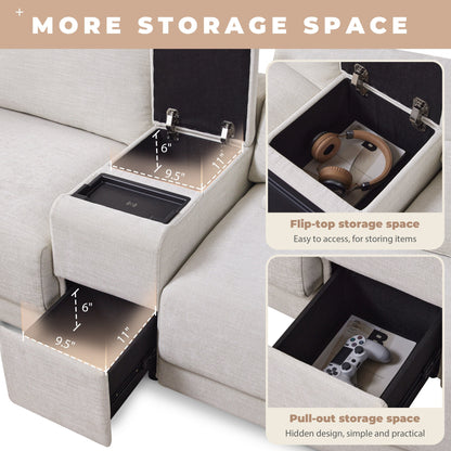 Roomfitters Modular Chenille Sofa with USB Console, Movable Ottoman and Wide 4-Seat Reversible L-Shaped Couch