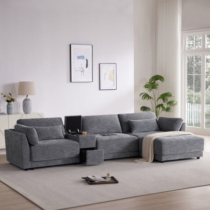 Roomfitters Modular Chenille Sofa with USB Console, Movable Ottoman and Wide 4-Seat Reversible L-Shaped Couch