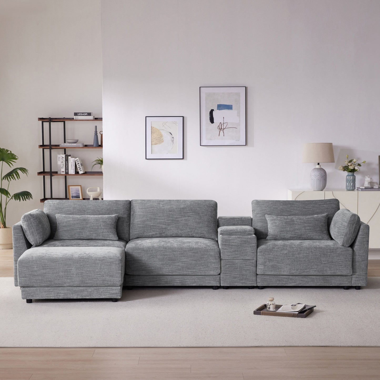 Roomfitters Modular Chenille Sofa with USB Console, Movable Ottoman and Wide 4-Seat Reversible L-Shaped Couch