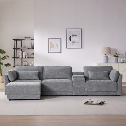 Roomfitters Modular Chenille Sofa with USB Console, Movable Ottoman and Wide 4-Seat Reversible L-Shaped Couch
