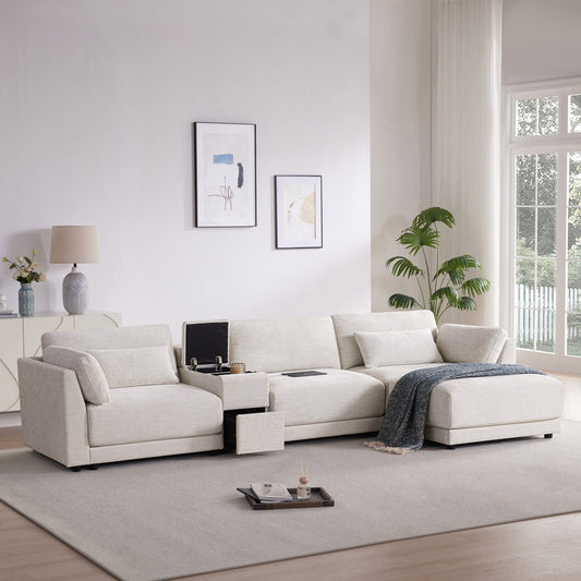 Roomfitters Modular Chenille Sofa with USB Console, Movable Ottoman and Wide 4-Seat Reversible L-Shaped Couch
