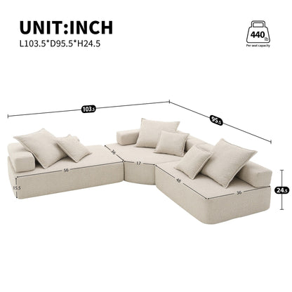 Roomfitters Modular L-Shaped Sectional Sofa with 3-Piece Boucle Set, Foam-Filled Convertible Floor Couch, Beige