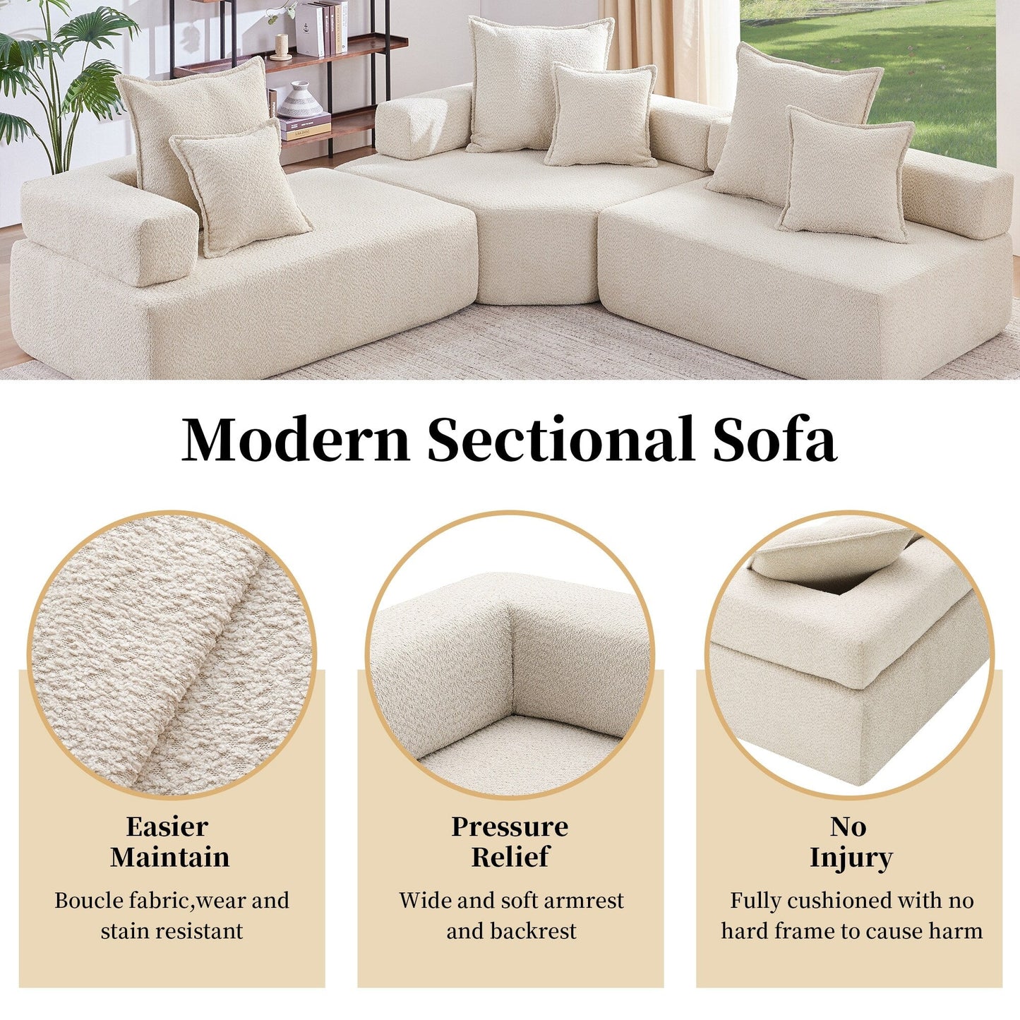 Roomfitters Modular L-Shaped Sectional Sofa with 3-Piece Boucle Set, Foam-Filled Convertible Floor Couch, Beige