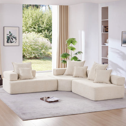 Roomfitters Modular L-Shaped Sectional Sofa with 3-Piece Boucle Set, Foam-Filled Convertible Floor Couch, Beige