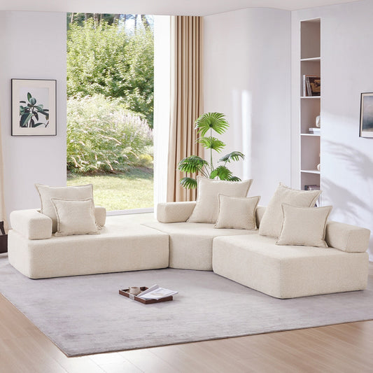 Roomfitters Modular L-Shaped Sectional Sofa with 3-Piece Boucle Set, Foam-Filled Convertible Floor Couch, Beige
