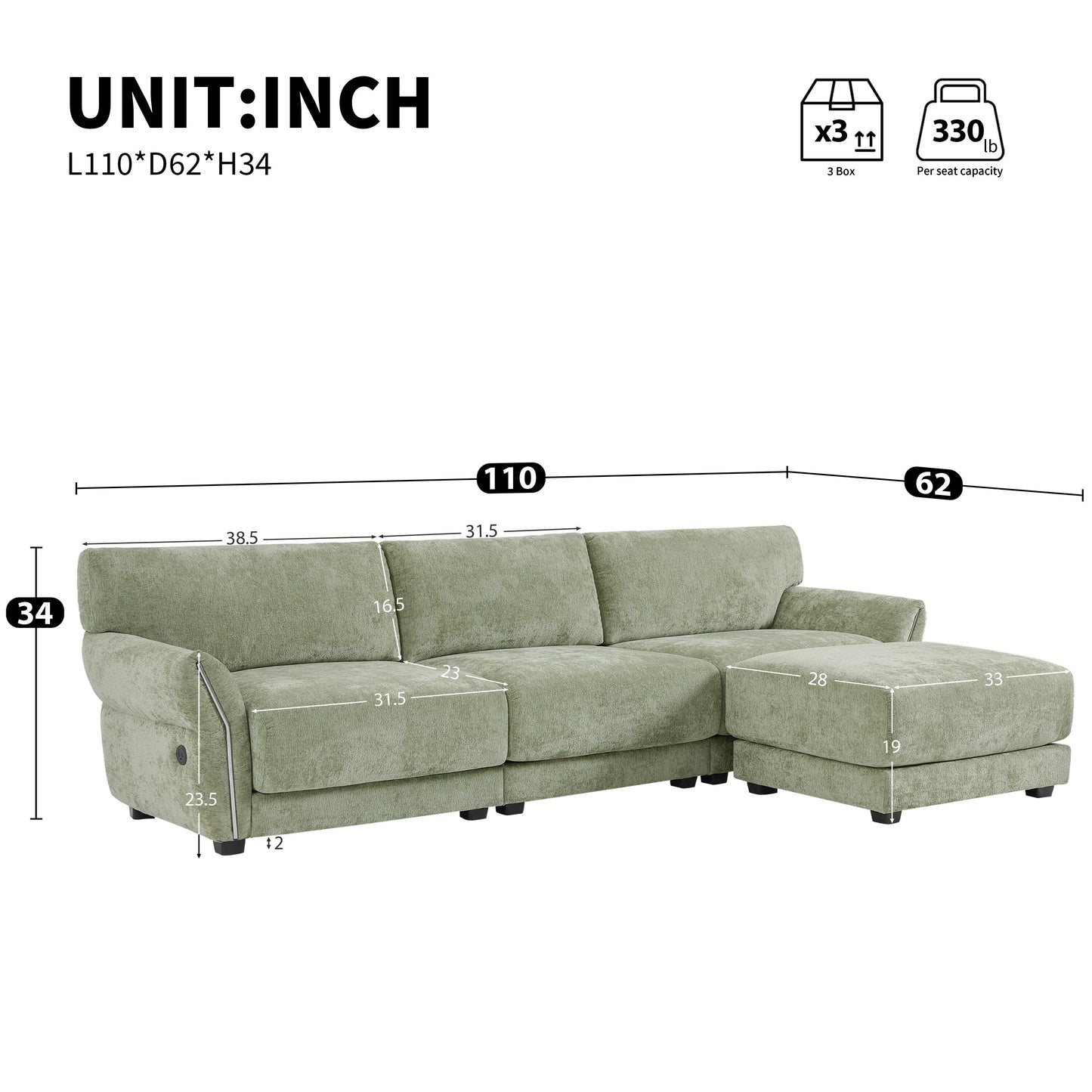 Roomfitters Modular L-Shaped Sofa with Wide Chenille Seat, USB Type-C Charger and Ottoman, Petal Arms, High Foam