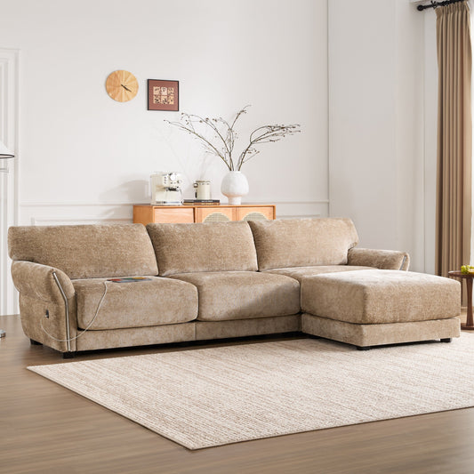 Roomfitters Modular L-Shaped Sofa with Wide Chenille Seat, USB Type-C Charger and Ottoman, Petal Arms, High Foam