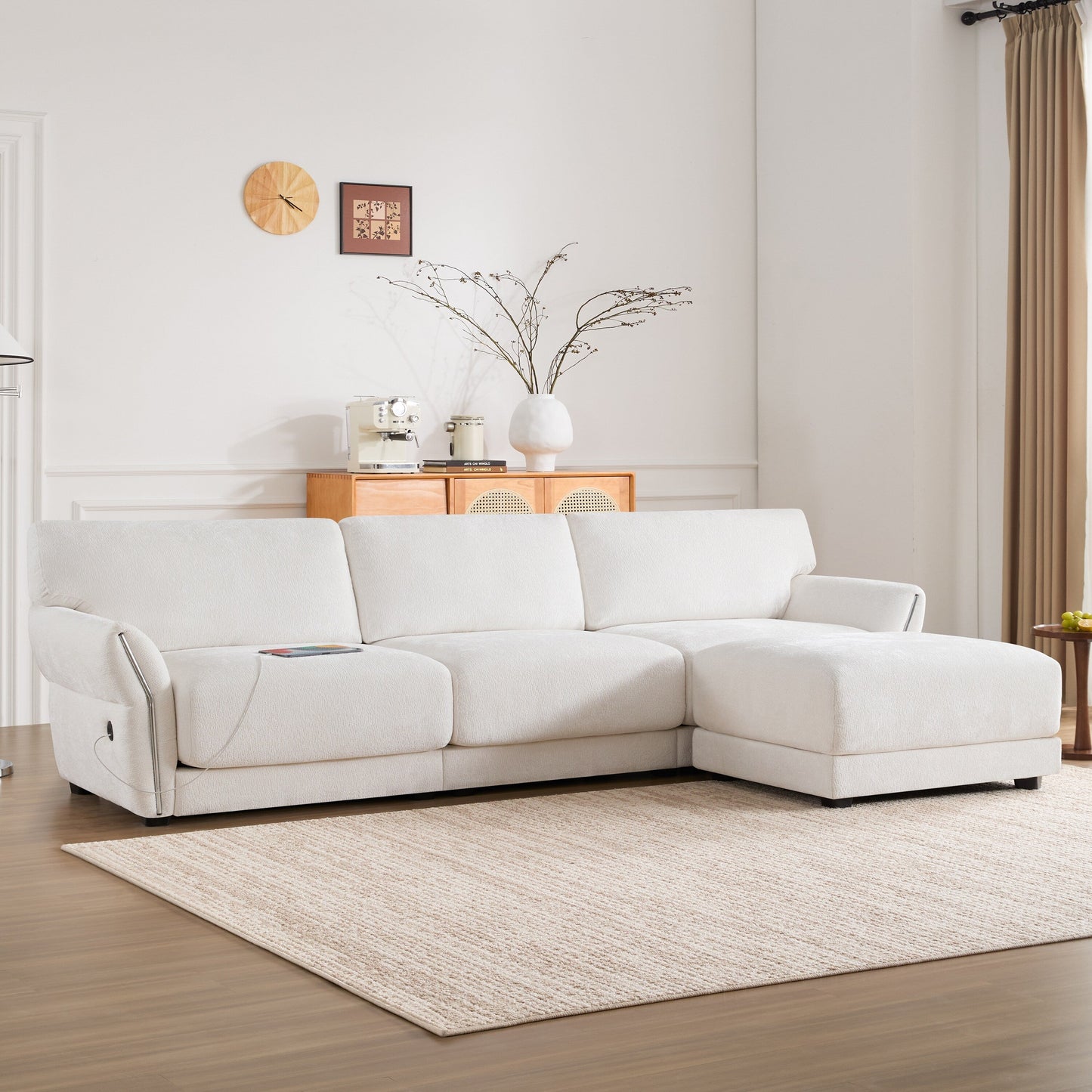 Roomfitters Modular L-Shaped Sofa with Wide Chenille Seat, USB Type-C Charger and Ottoman, Petal Arms, High Foam