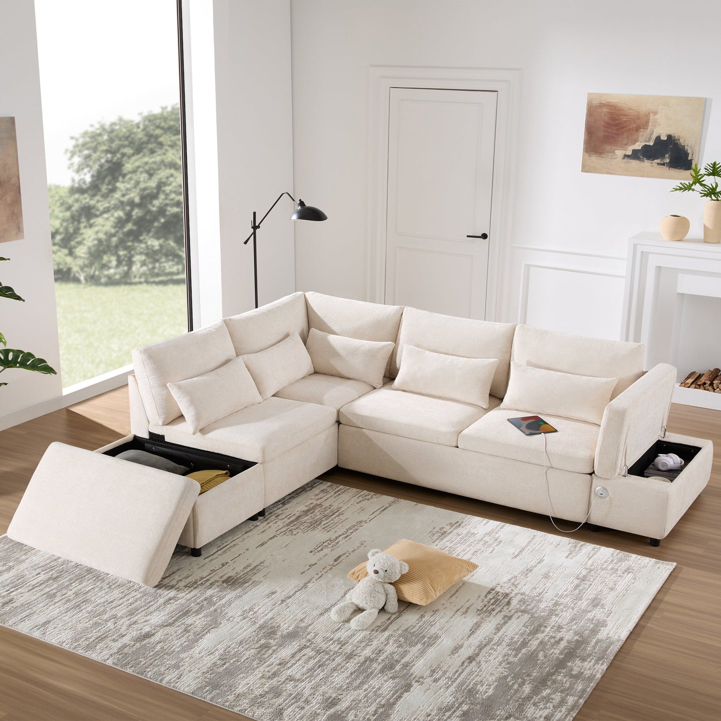 Roomfitters Modular Pull-Out Sofa with Storage Ottoman, L-Shaped Oversized Chenille Sectional for Apartment