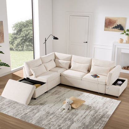 Roomfitters Modular Pull-Out Sofa with Storage Ottoman, L-Shaped Oversized Chenille Sectional for Apartment