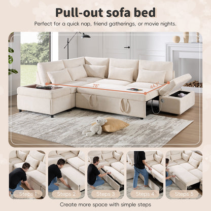 Roomfitters Modular Pull-Out Sofa with Storage Ottoman, L-Shaped Oversized Chenille Sectional for Apartment