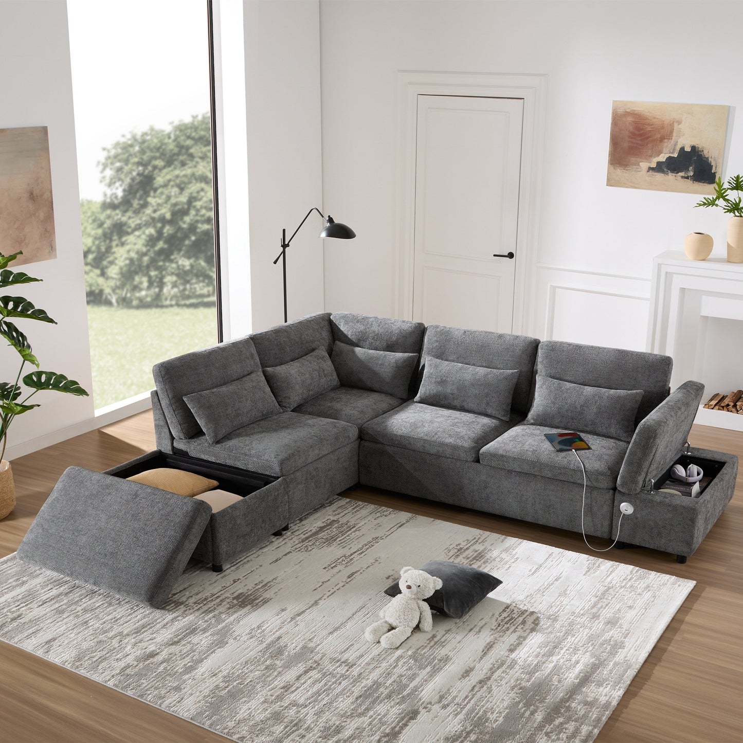 Roomfitters Modular Pull-Out Sofa with Storage Ottoman, L-Shaped Oversized Chenille Sectional for Apartment