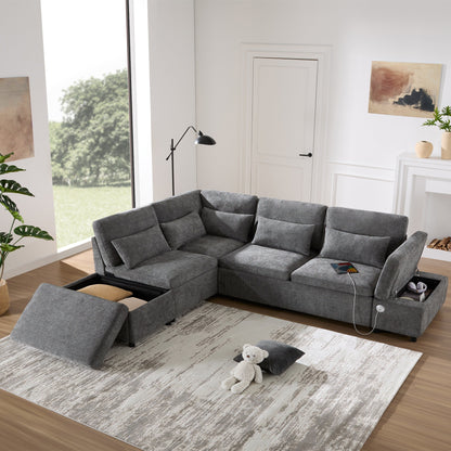 Roomfitters Modular Pull-Out Sofa with Storage Ottoman, L-Shaped Oversized Chenille Sectional for Apartment