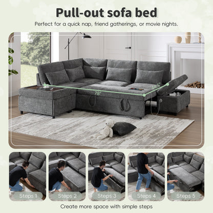 Roomfitters Modular Pull-Out Sofa with Storage Ottoman, L-Shaped Oversized Chenille Sectional for Apartment