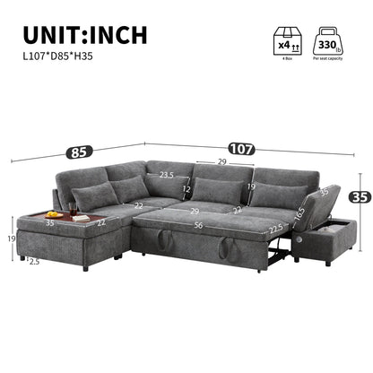 Roomfitters Modular Pull-Out Sofa with Storage Ottoman, L-Shaped Oversized Chenille Sectional for Apartment