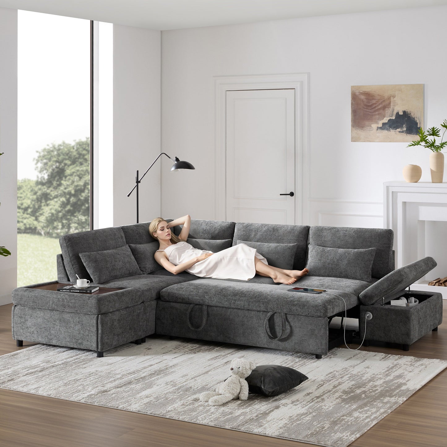 Roomfitters Modular Pull-Out Sofa with Storage Ottoman, L-Shaped Oversized Chenille Sectional for Apartment
