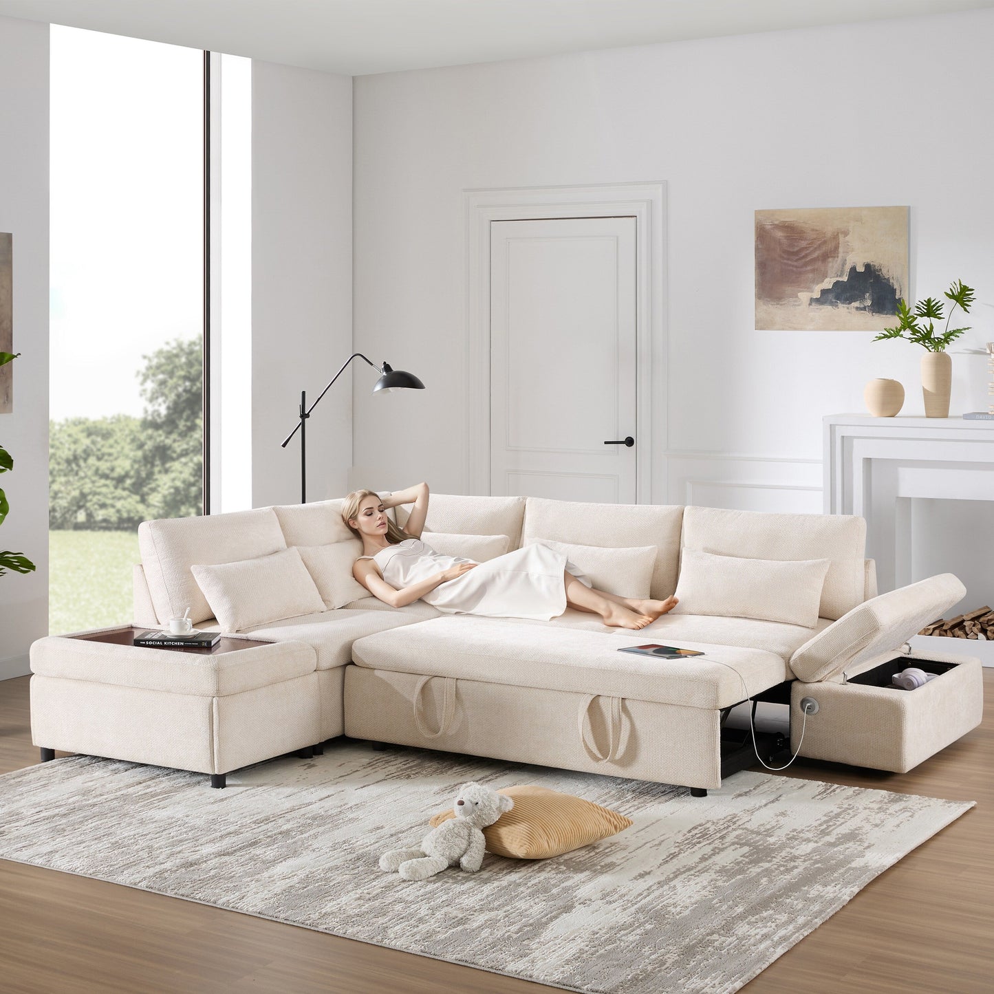 Roomfitters Modular Pull-Out Sofa with Storage Ottoman, L-Shaped Oversized Chenille Sectional for Apartment
