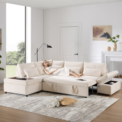 Roomfitters Modular Pull-Out Sofa with Storage Ottoman, L-Shaped Oversized Chenille Sectional for Apartment