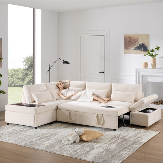 Roomfitters Modular Pull-Out Sofa with Storage Ottoman, L-Shaped Oversized Chenille Sectional for Apartment