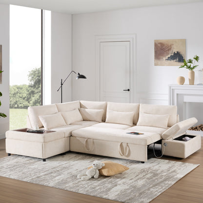 Roomfitters Modular Pull-Out Sofa with Storage Ottoman, L-Shaped Oversized Chenille Sectional for Apartment