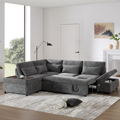 Roomfitters Modular Pull-Out Sofa with Storage Ottoman, L-Shaped Oversized Chenille Sectional for Apartment